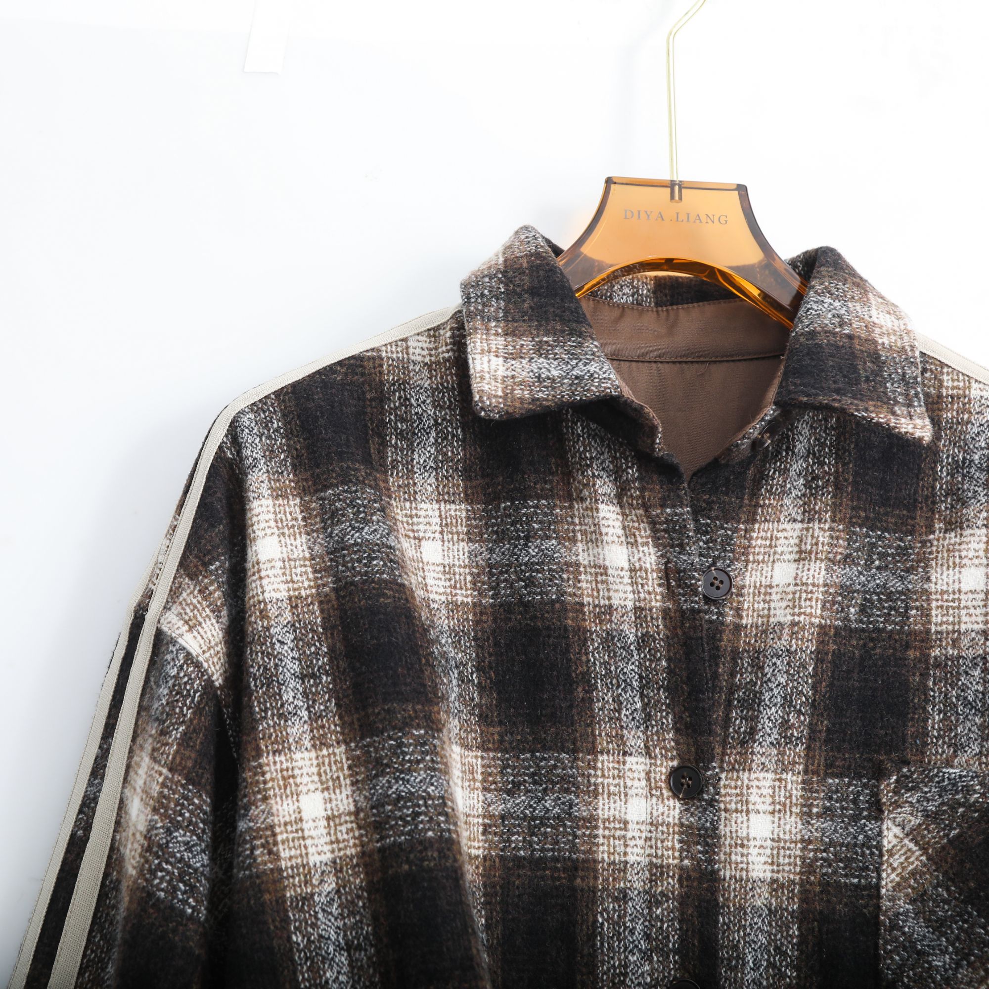 格子格纹时尚外套宽松型拼接清新排扣格子衬衫春季66339