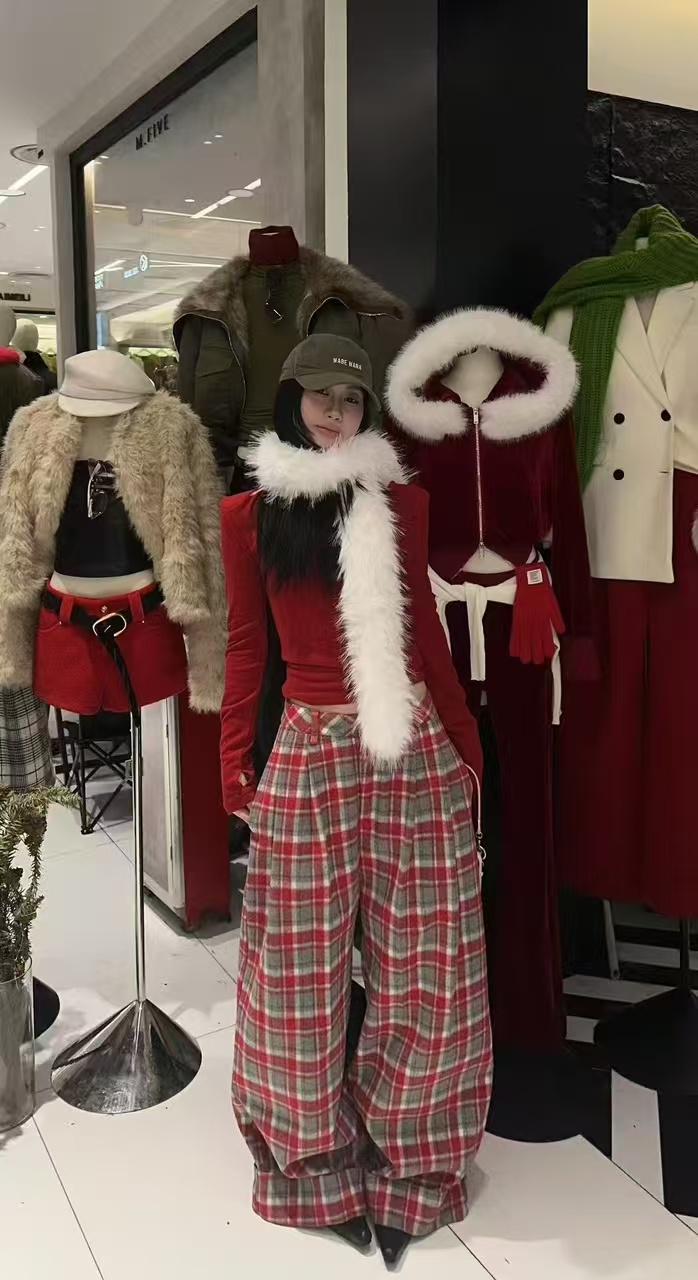 【奥莉】2025秋冬：纯色针织上衣+复古格子纹加绒高腰阔腿裤套装9025