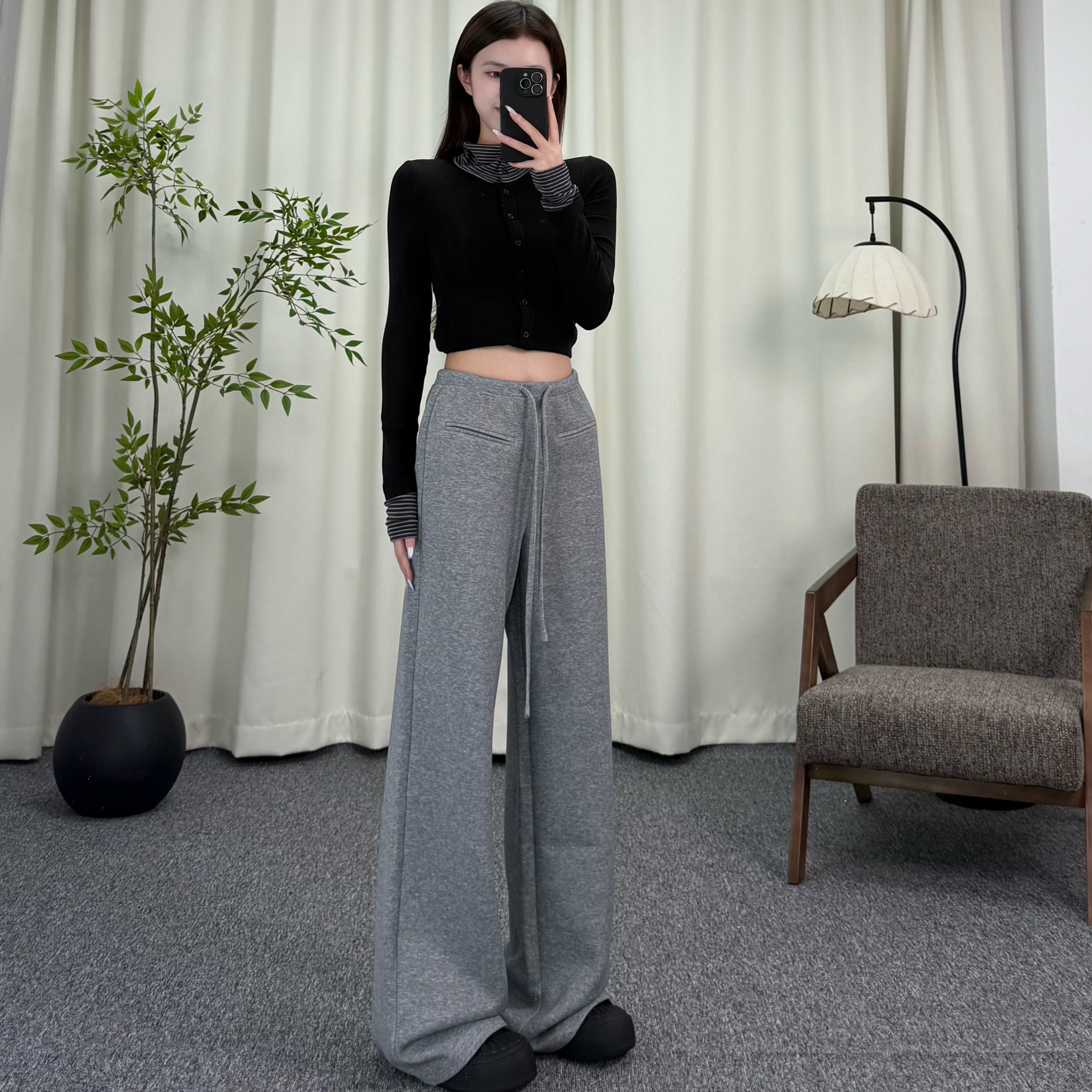 秋季新款抽绳休闲裤女高腰垂感直筒微喇裤设计感显瘦宽松拖地长裤