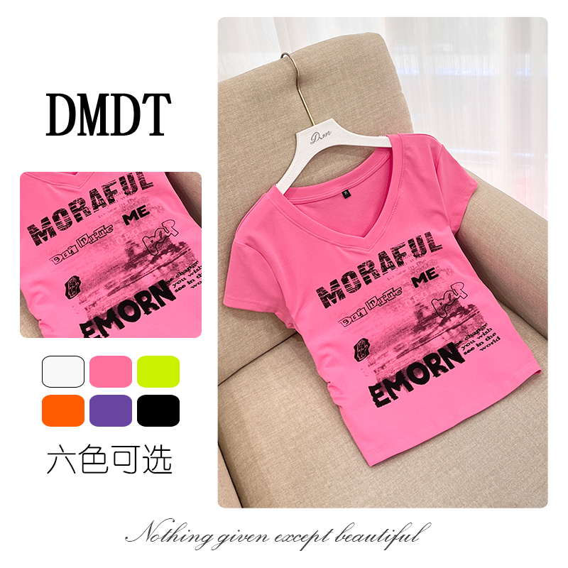【DMDT潮牌】2025夏季新品 “甜酷学家”V领字母印花短袖显瘦T恤T5362