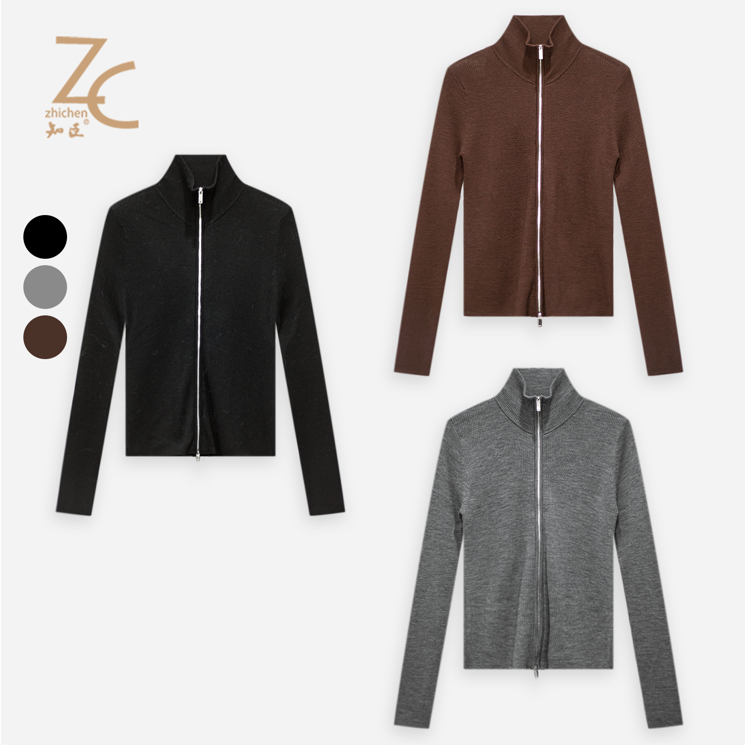 知臣初冬新品 多色100羊毛双头拉链长袖针织开衫女 T25654005
