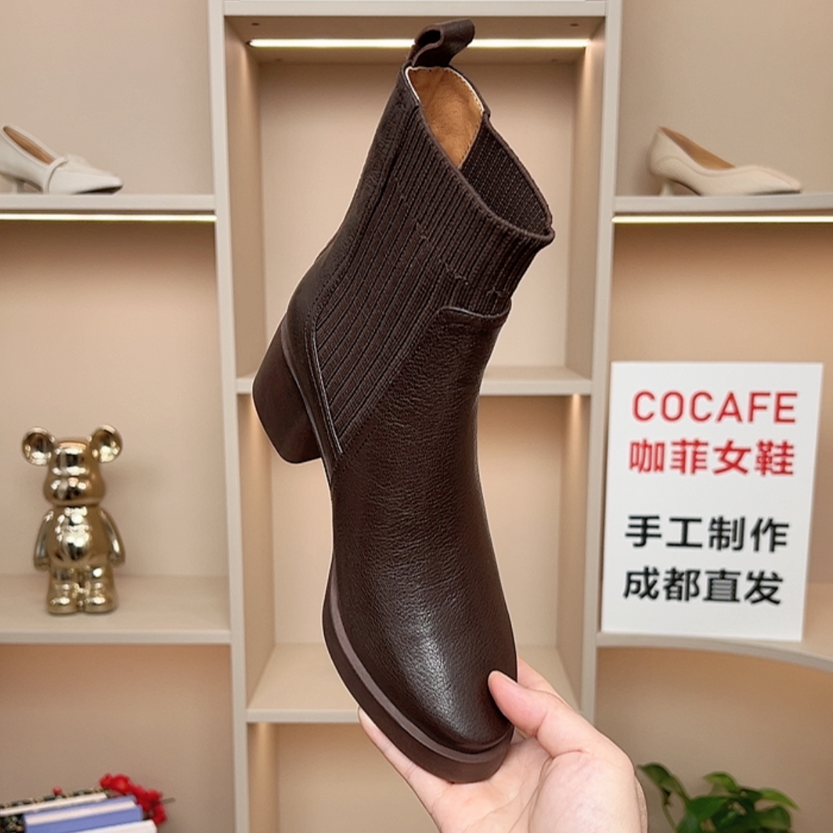 羊皮/跟高5CM/秋冬一脚蹬中筒短靴圆尖头粗跟舒适厚底真皮短筒靴