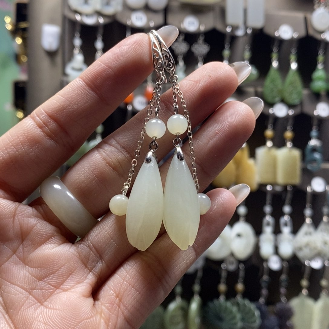 和田玉耳饰银S925镶嵌龙****购