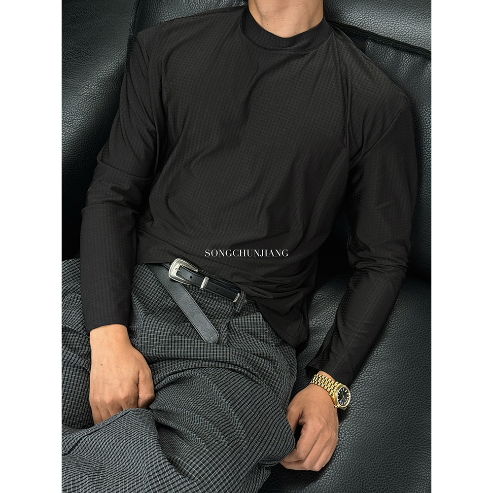 宋春江同款 夏日轻氧感美学格纹长袖防晒纯色T恤弹力透气运动上衣