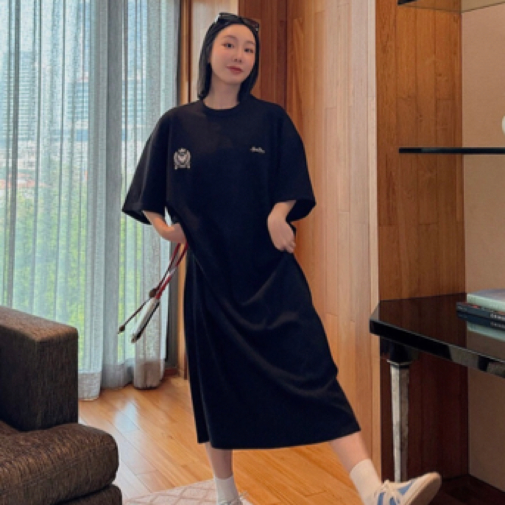 ETHOR  黑色印花T恤连衣裙