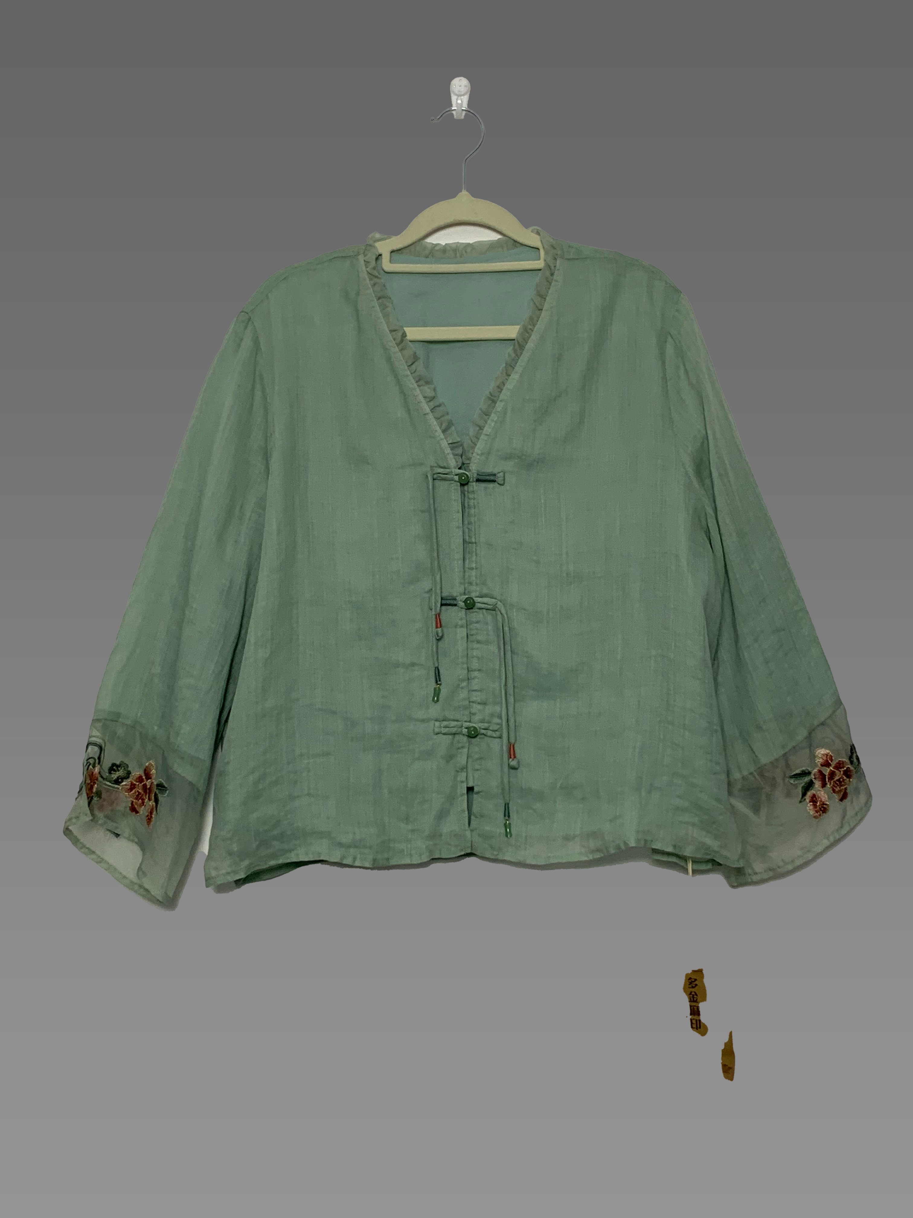 A027早秋新款新中式中国风100支苎麻青色刺绣上衣