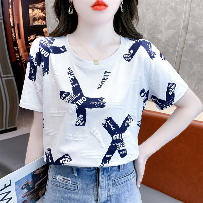夏季新款圆领白色短袖t恤女士时尚字母印花设计感宽松上衣打底衫.