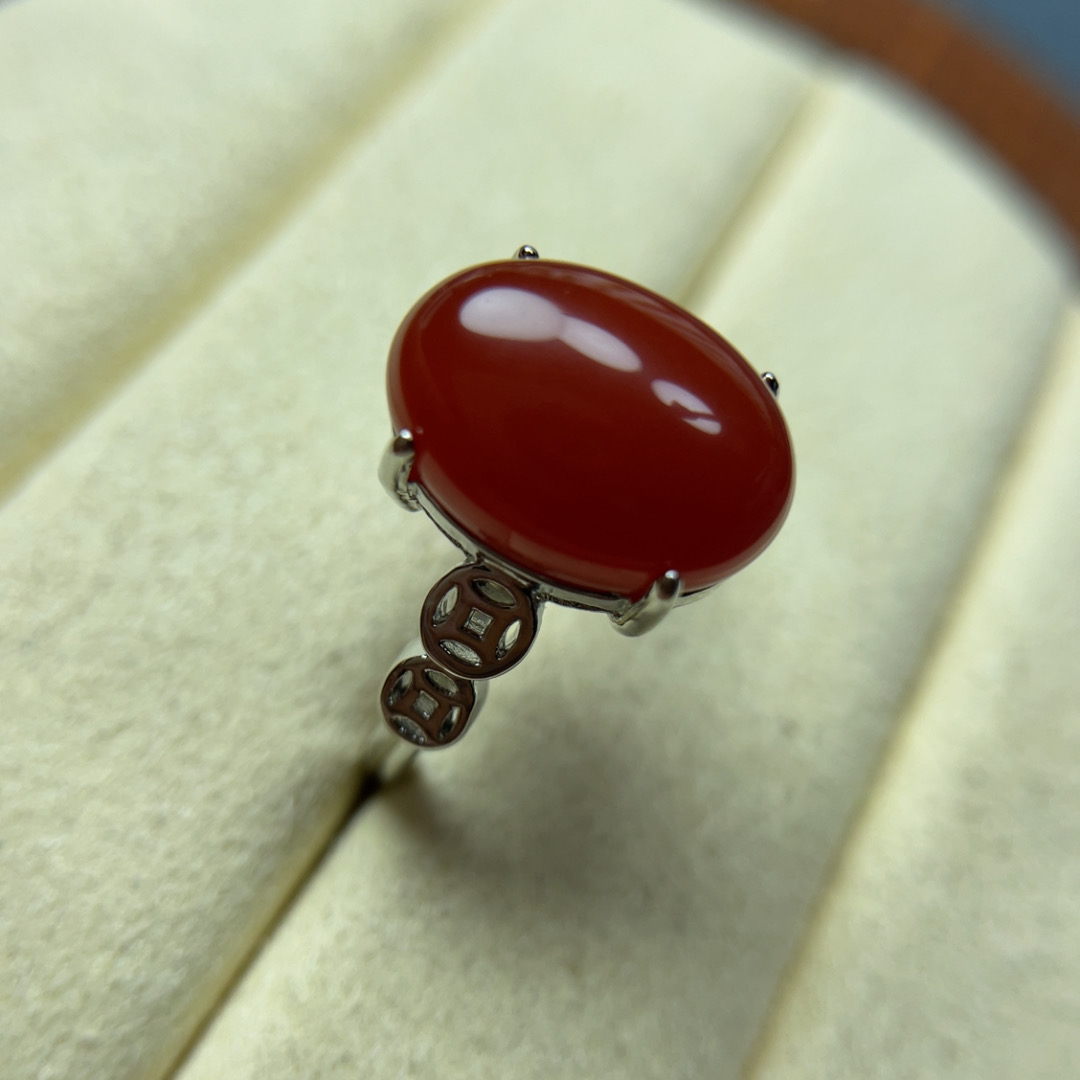 天然正品 满色满肉牛血红蛋面戒指10✖️14