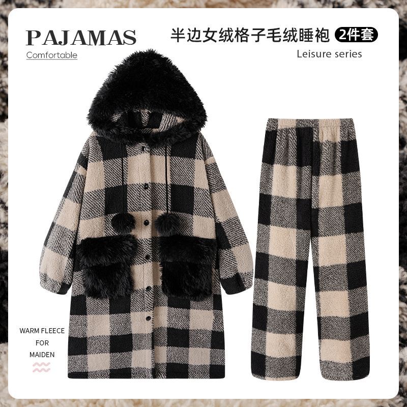 半边绒睡衣女士秋冬款格子连帽套装保暖加绒加厚珊瑚绒家居服外穿