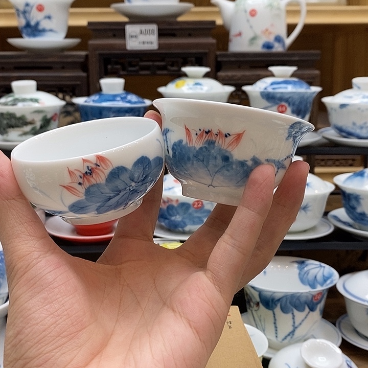 手绘荷花65cc➕85cc主人杯釉下彩微瑕福利款