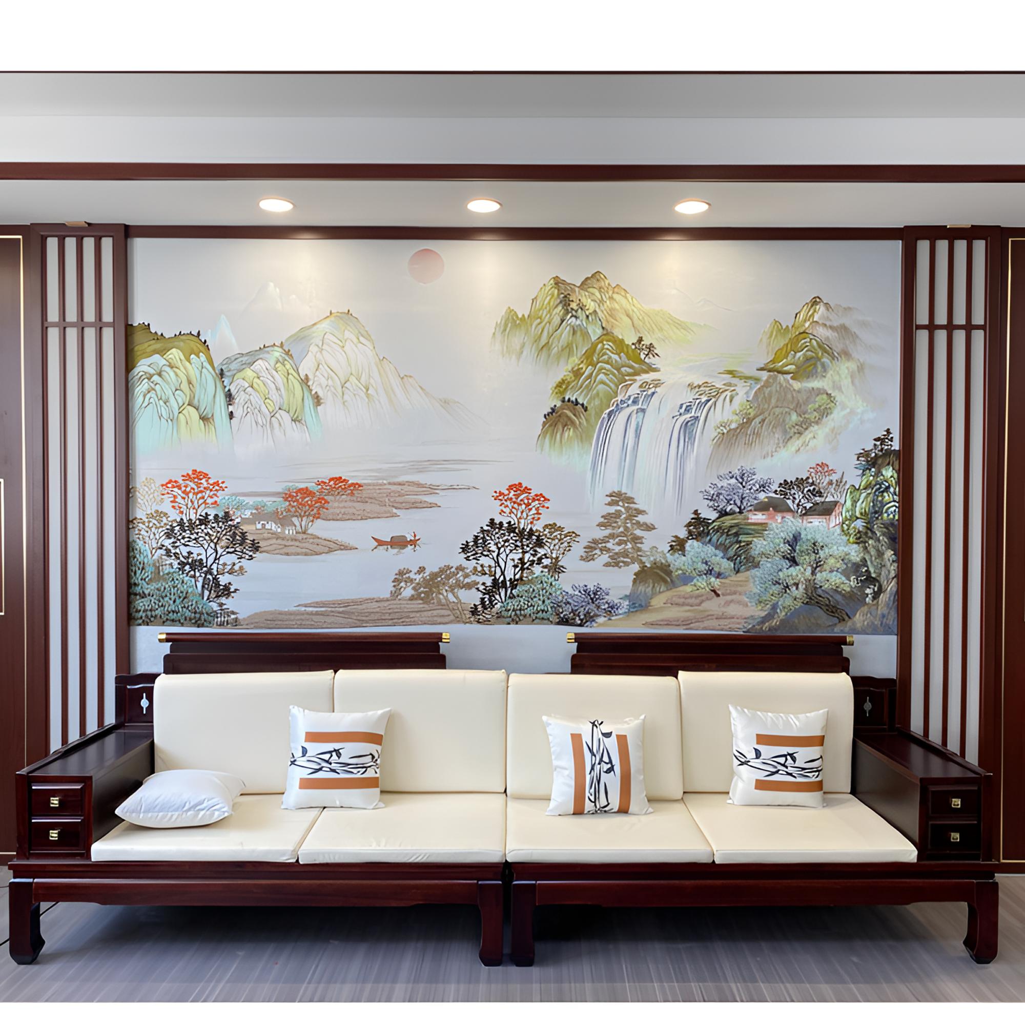 彪哥 福居金山 高端刺绣沙发背景 茶室背景 办公室背景