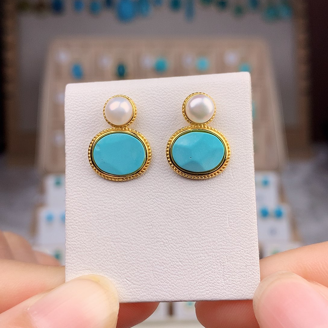 绿松石耳饰银S925镶嵌