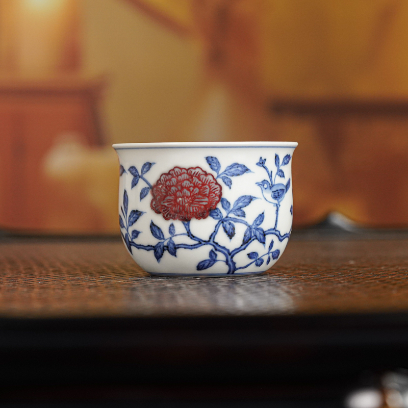 【栗子严选】古官青花釉里红花鸟墩墩杯 ggqy159茶道