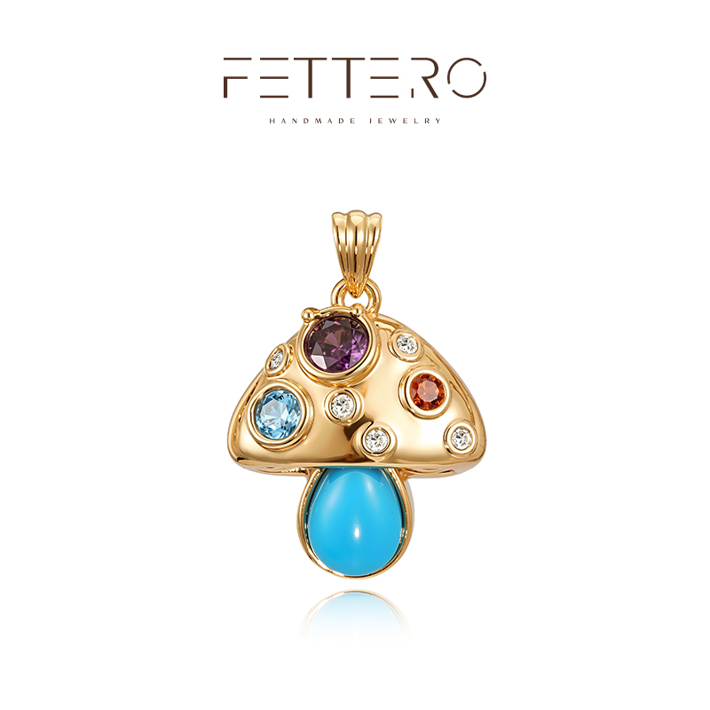 fettero 铜合金吊坠 【金色松色混彩蘑菇吊坠】手工气质蓝色镶嵌