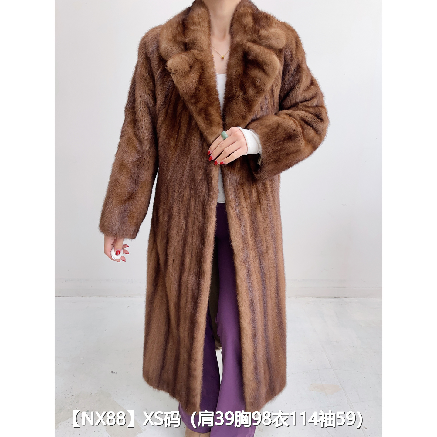 【NX88】S 蜜茶棕超长款全抽貂皮大衣外套女 西装领直筒袖 22088