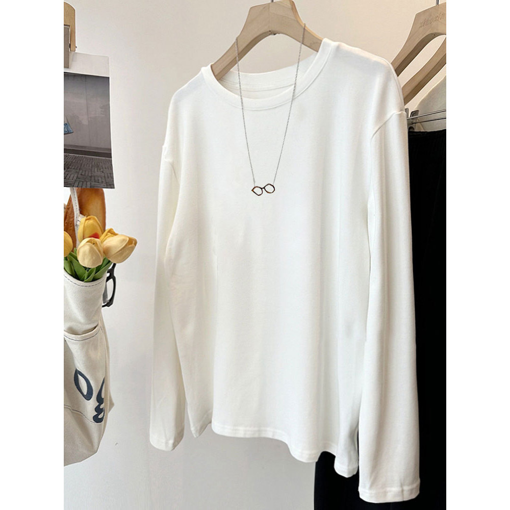 百搭减龄内搭长袖T恤女2025秋冬季简约宽松大码胖圆领纯棉打底衫