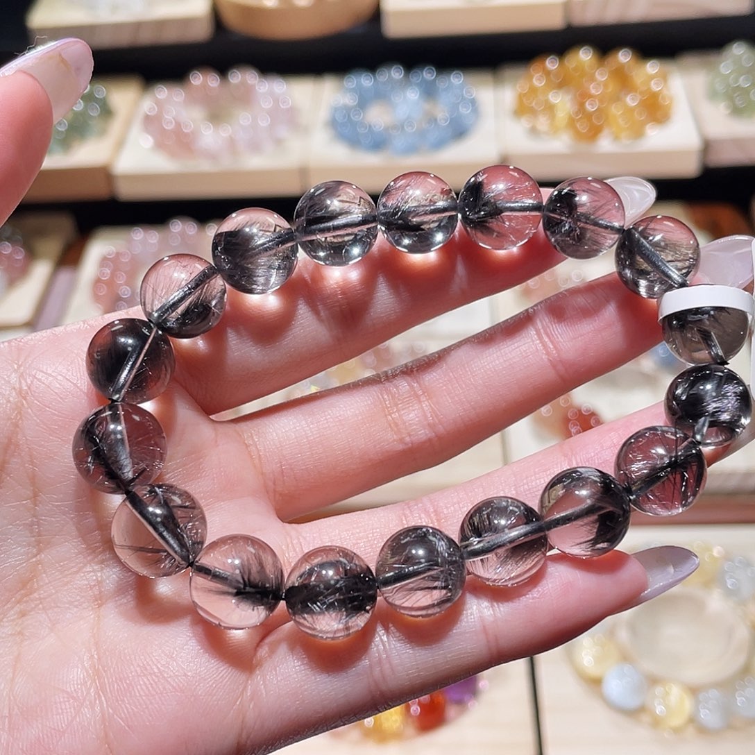 水晶手链未镶嵌黑银钛手链，晶体通透