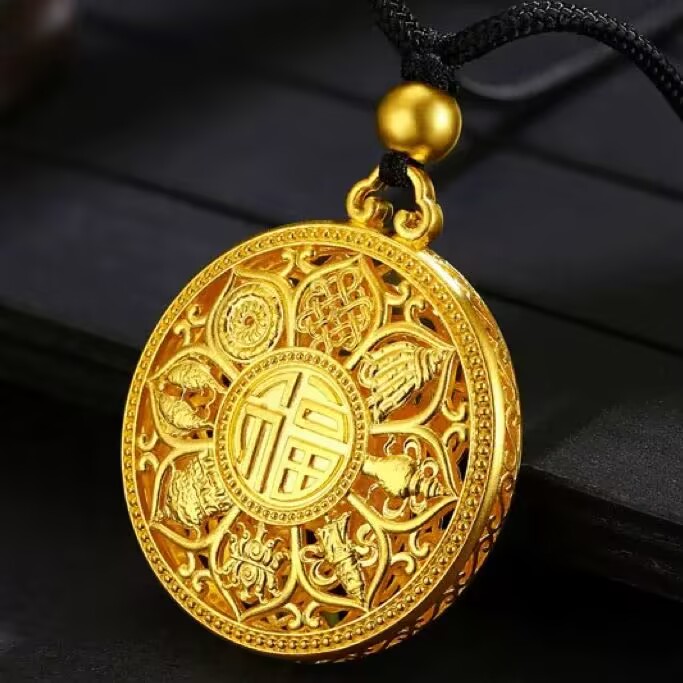 铜合金吊坠 古法黑绳罗盘项链手工实心素款双面编绳金色吊坠