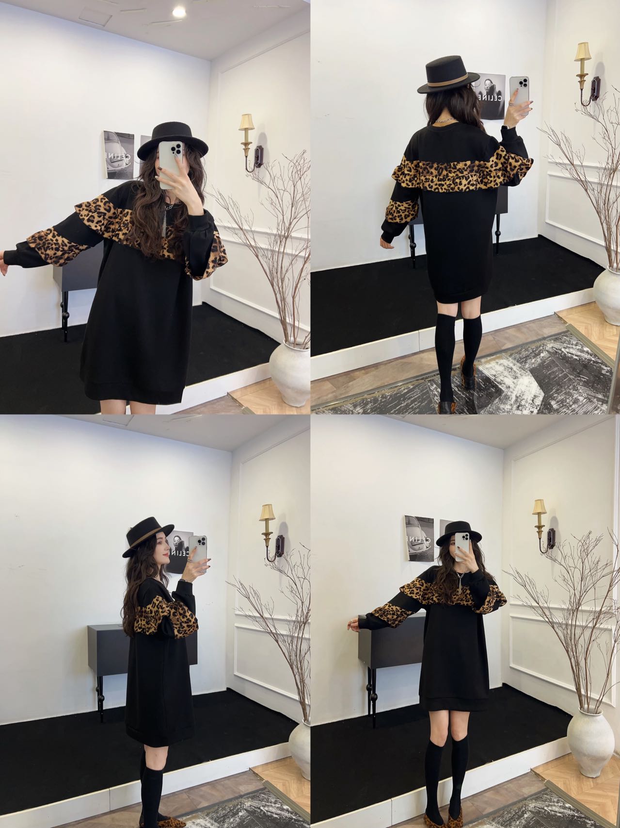 豹纹拼接套头连衣裙女秋装新款2025宽松独特高级感穿搭潮牌长袖