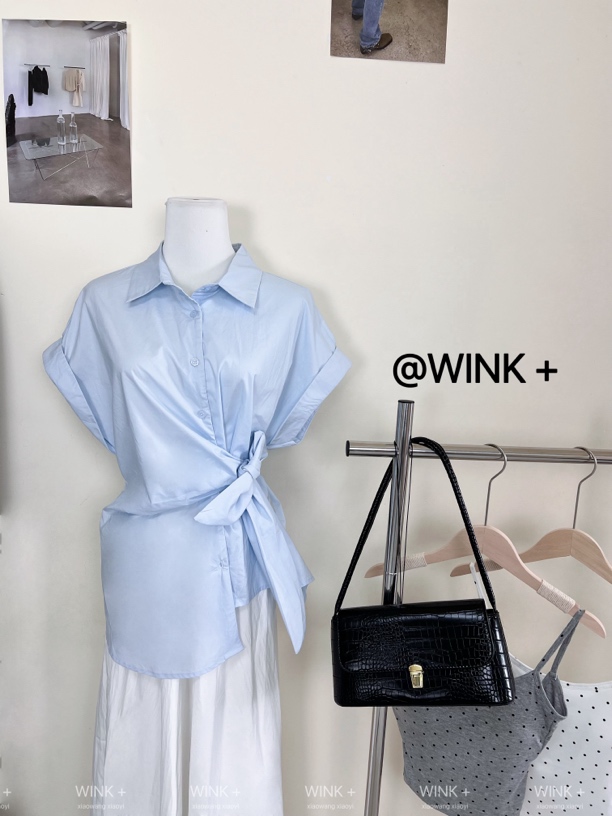 韩版系带收腰单排扣短袖衬衫女设计感别致不规则上衣