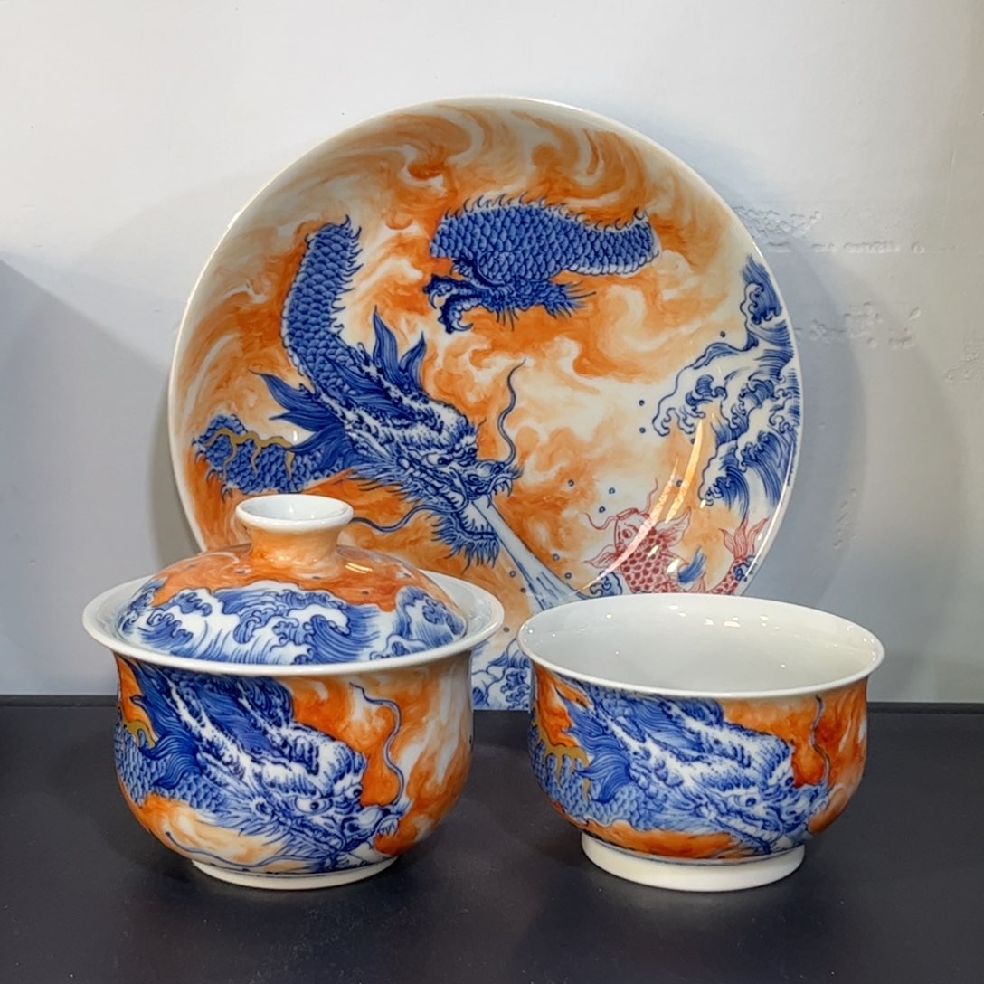 青花矾红错金银鱼化龙三件套 可拆分