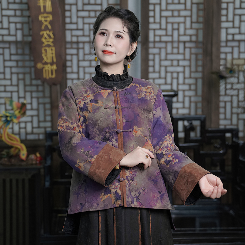 【繁花似锦】红云纱双面穿圆领中式棉服国风手工扣外套G560452M-2