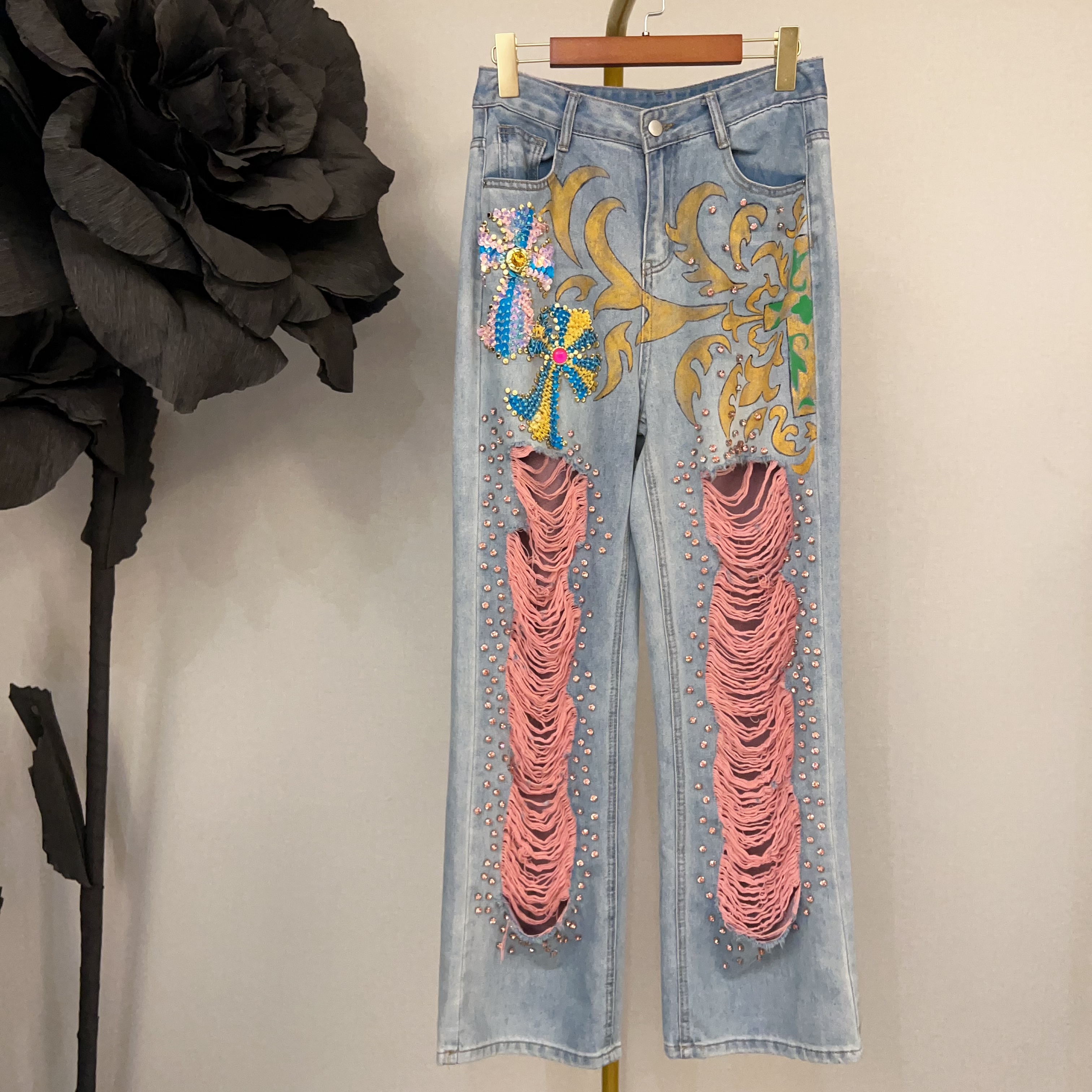 W1244时尚设计师款重工刺绣亮片破洞流苏个性做旧百搭牛仔裤