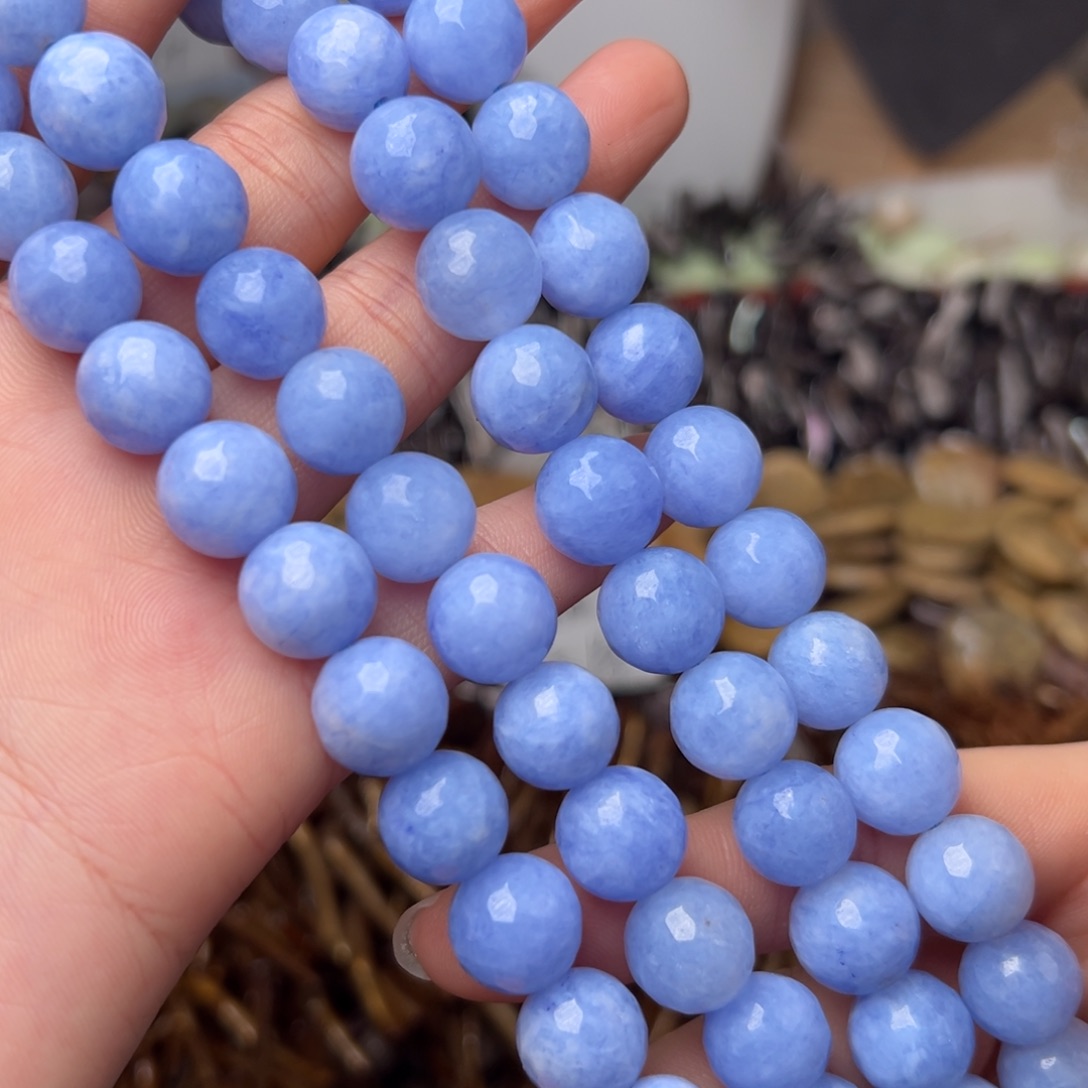 玛瑙/玉髓合金珠宝半成品N521。12mm海蓝玉刻面圆珠一条