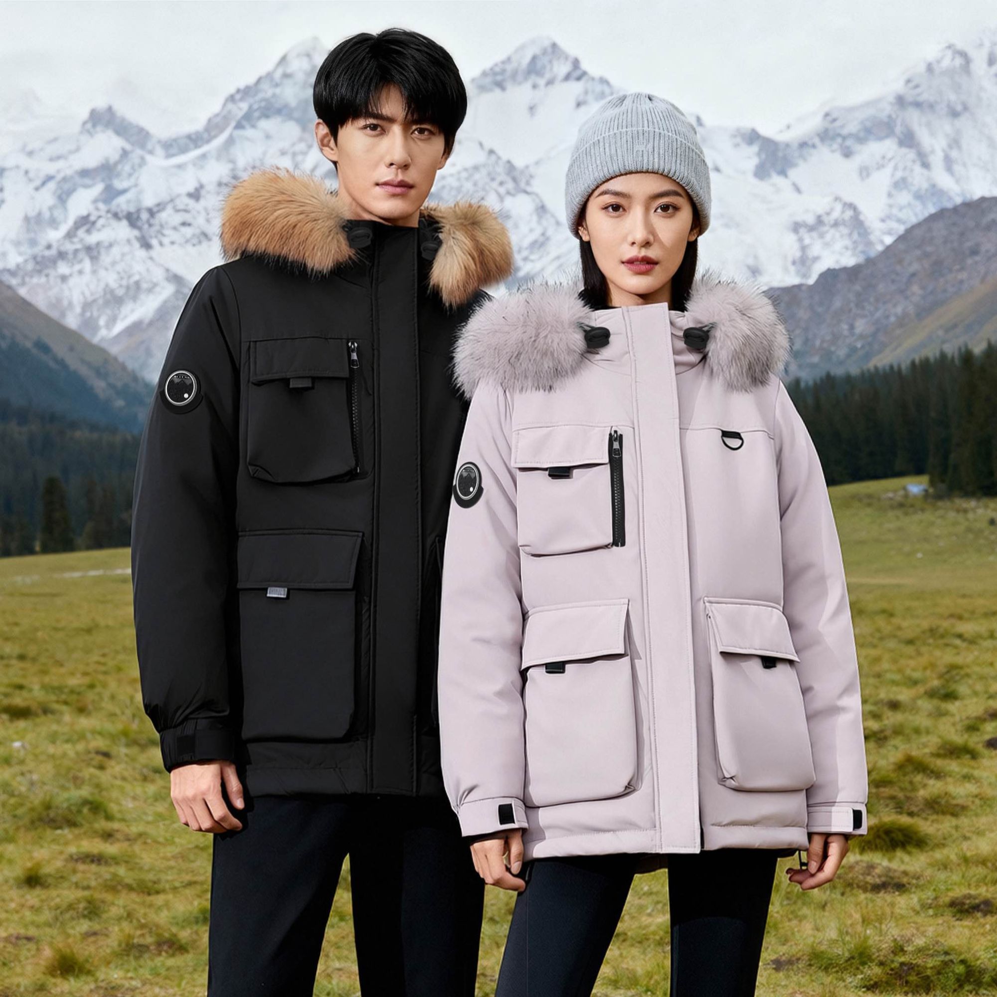 骆驼街派克服冬季新款加厚保暖宽松大毛领工装棉衣派克服外套