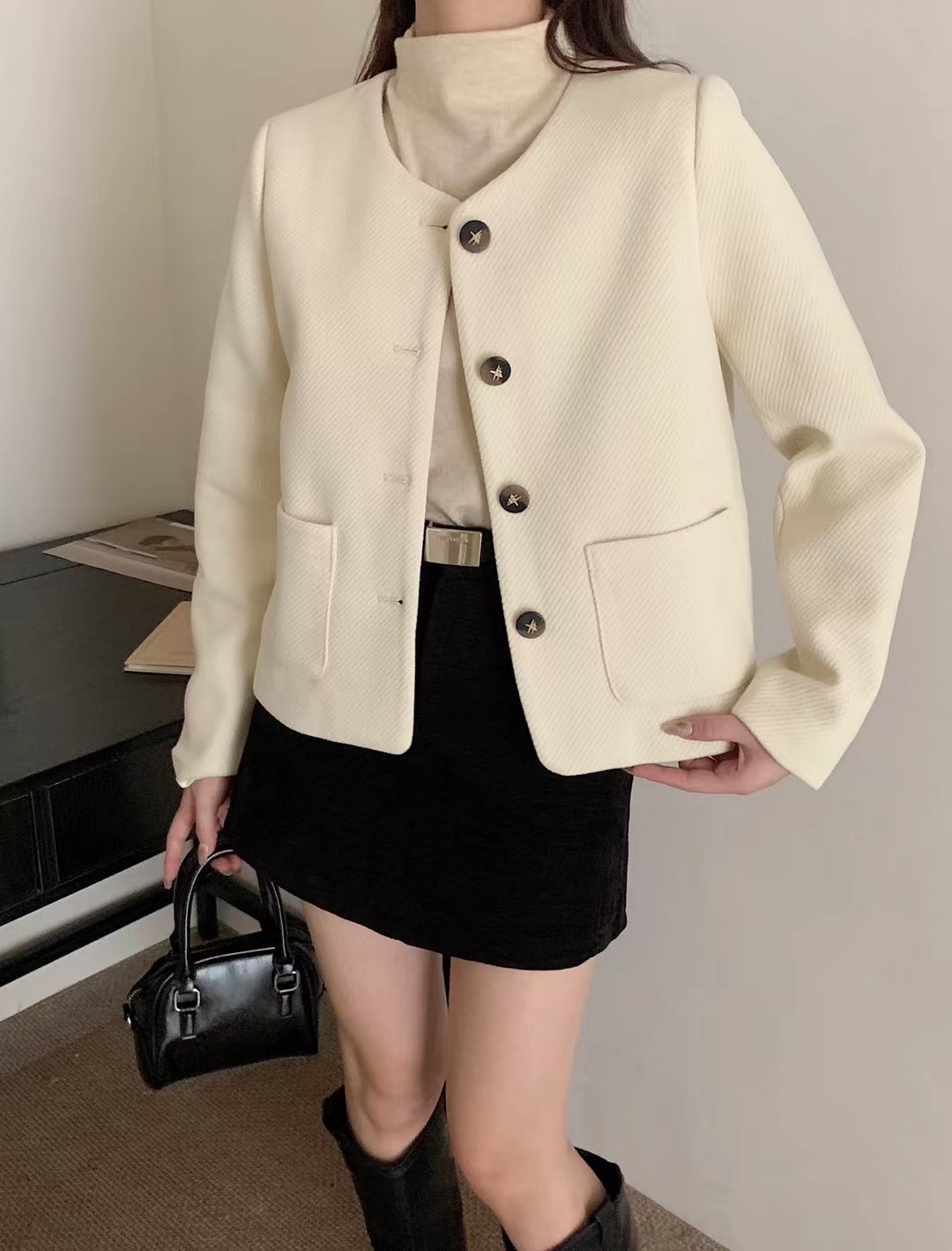 小香风外套棉气质短款时尚休闲百搭宽松纯色圆领韩版简约秋冬