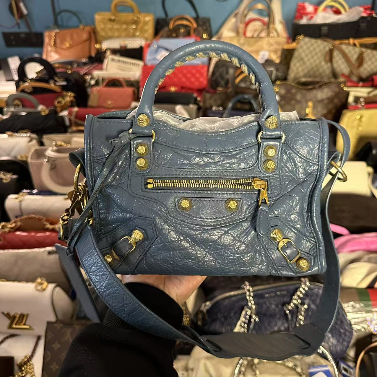 95新 Balenciaga/巴黎世家 浅蓝金机车托特包/美美在包展