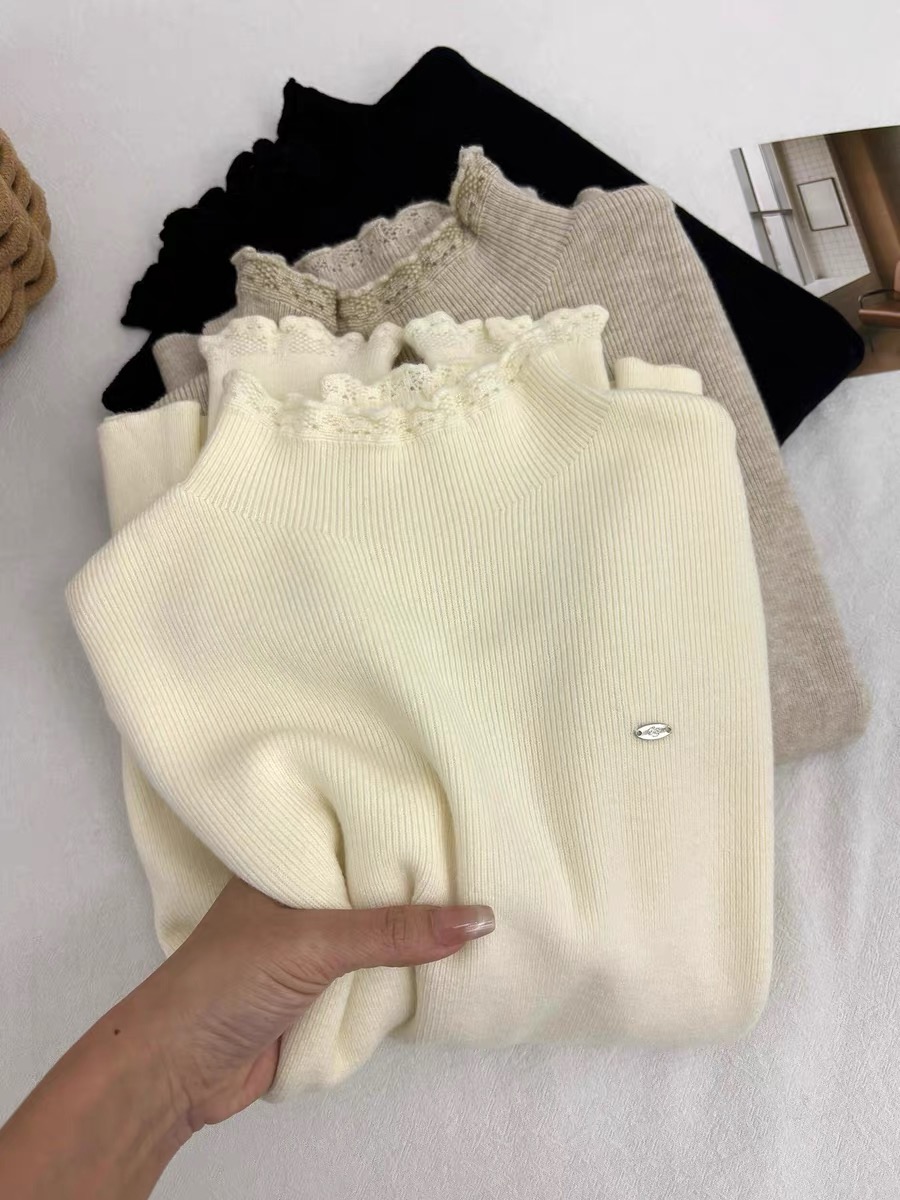蕾丝拼接毛衣2025年新款半高领针织衫女时尚百搭打底衫上衣K1-42