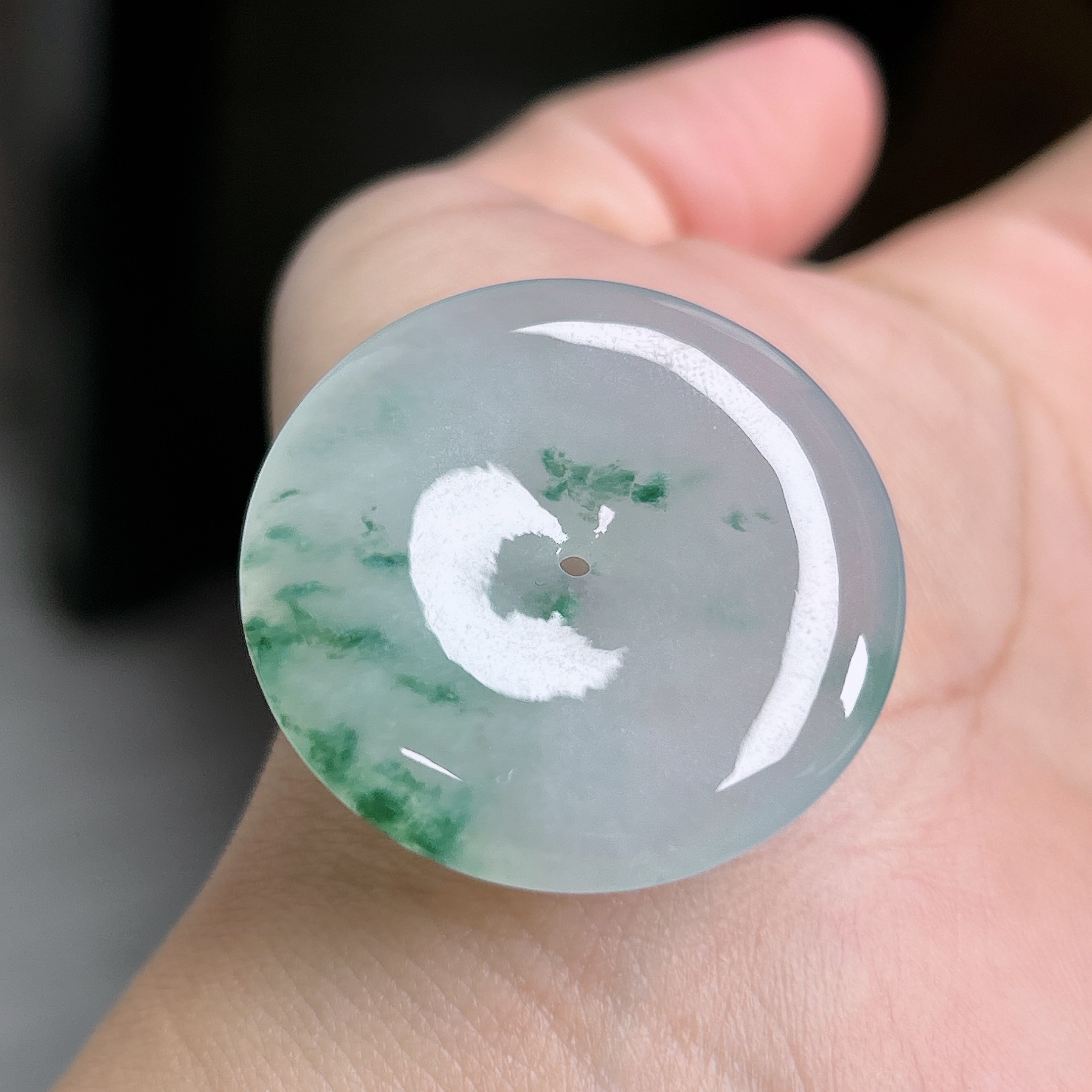 缅甸天然A货翡翠冰胶飘花大平安扣吊坠半山半水意境飘花33×5.8