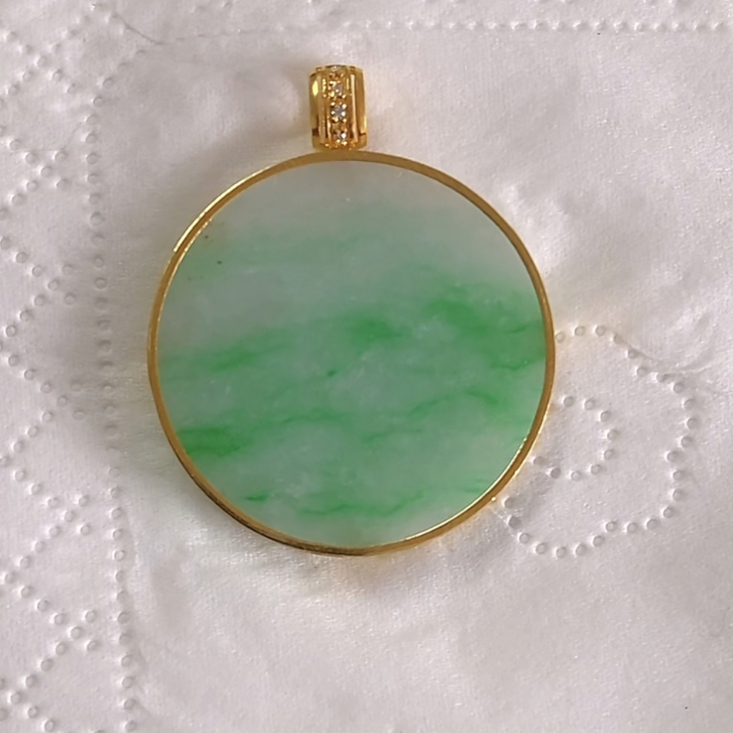 【瑜德翡翠】天然缅甸A货翡翠18k金镶嵌圆牌