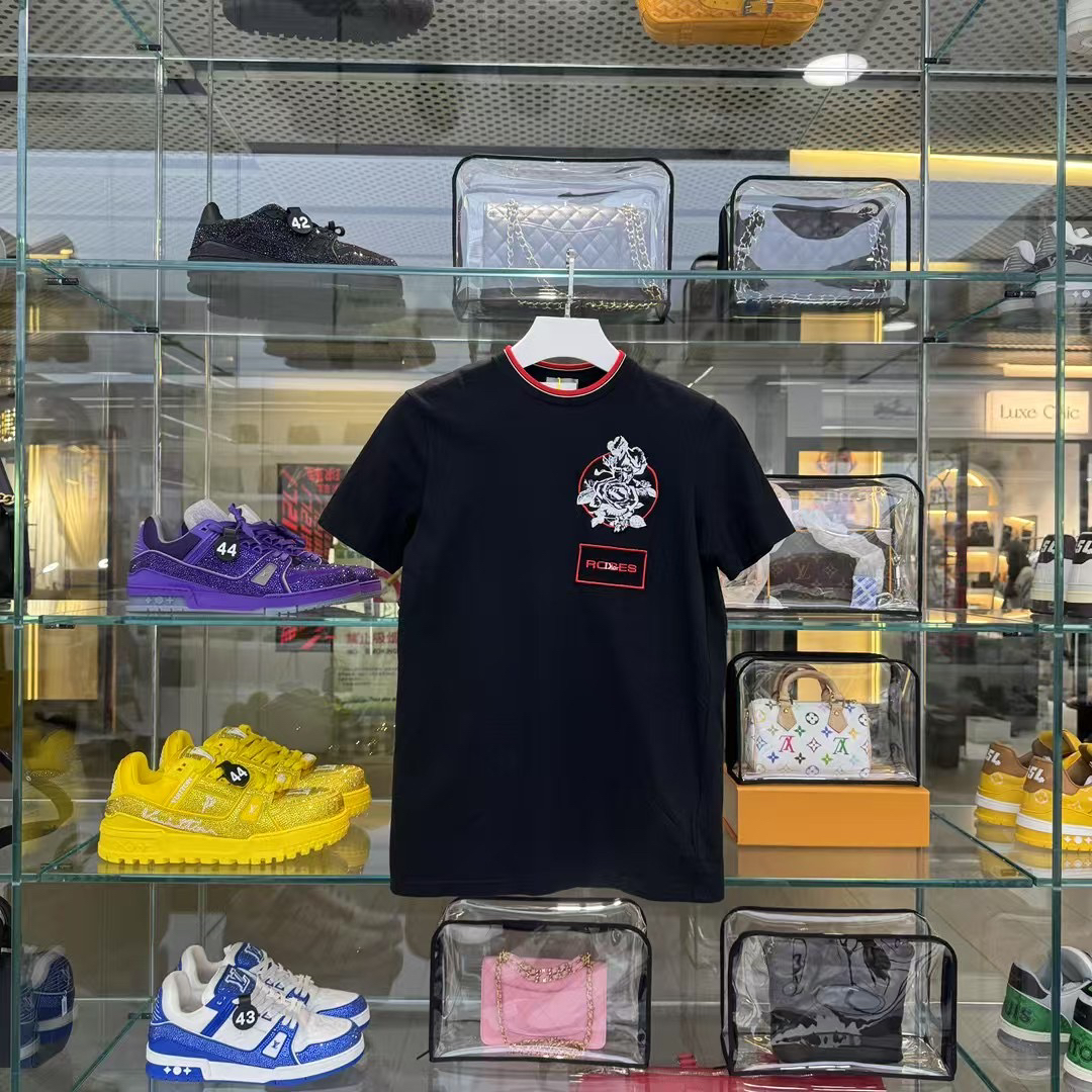 99新 DIOR/迪奥 XS码 刺绣玫瑰黑色圆领短袖