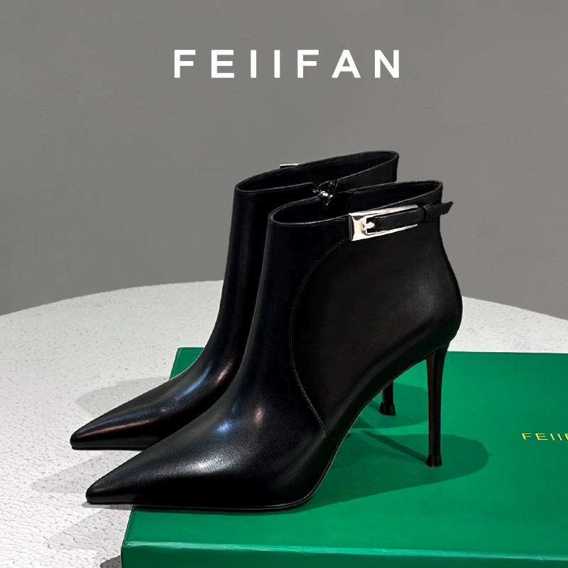 尖头短靴2025秋冬新款女士细跟高级感不累脚黑色高跟鞋8603