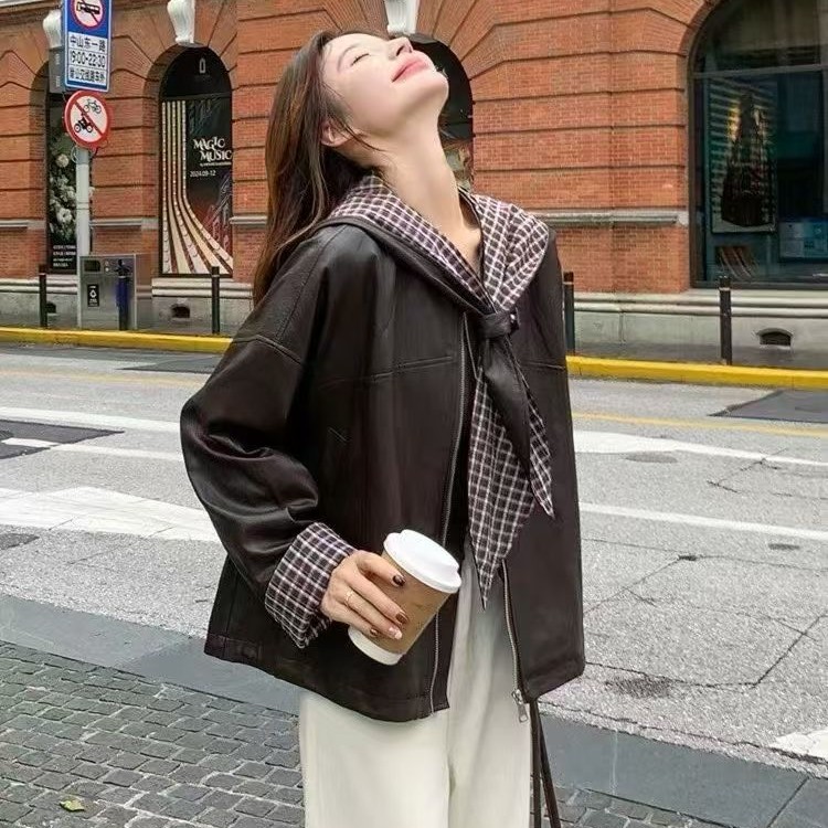 拼接男友风格纹女秋季连帽短外套休闲复古时尚春秋