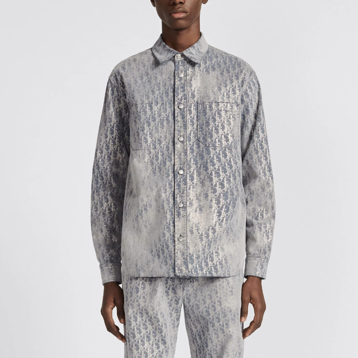 全新未使用 DIOR/迪奥 7671/SS23 蓝金色Logo满印做旧衬衫/41码