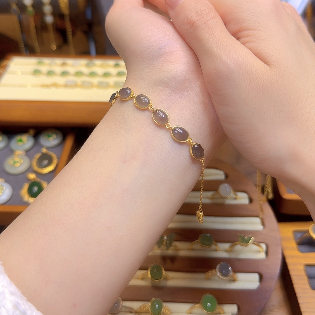 和田玉手链银S925镀金镶嵌