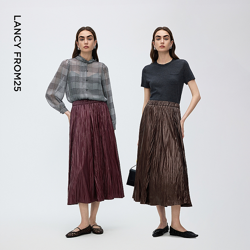 朗姿褶皱高腰a字半身裙高级感气质安可拉红仿皮裙2025年新款