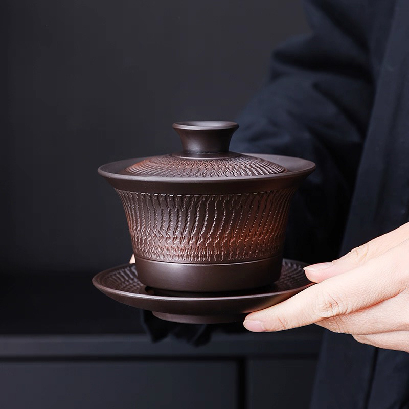 紫砂紫陶手工跳刀可悬停旋转三才盖碗泡茶碗单个功夫茶具家用带盖