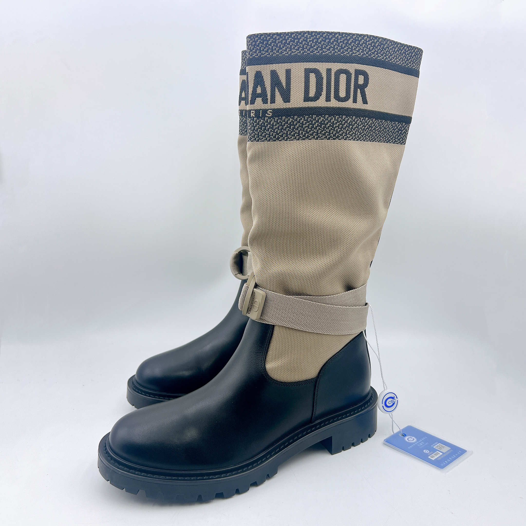 99新 DIOR/迪奥 36.5码/经典卡其色刺绣骑士靴/BM01275