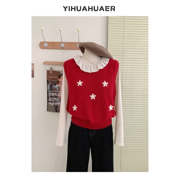 东大门韩系秋冬红色显白减龄刺绣花朵针织百搭宽松针织马甲4448