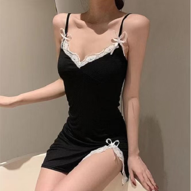 <简约深V>网红轻奢睡衣夏蕾丝花边低胸V领开叉吊带裙睡裙2429