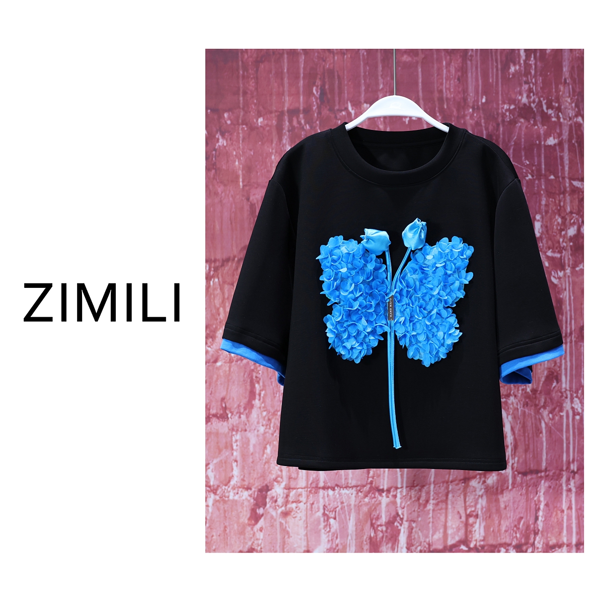 【亮哥女装】2025欧版暗夜黑撞湖蓝盘花高克重气质休闲短袖7915-C3