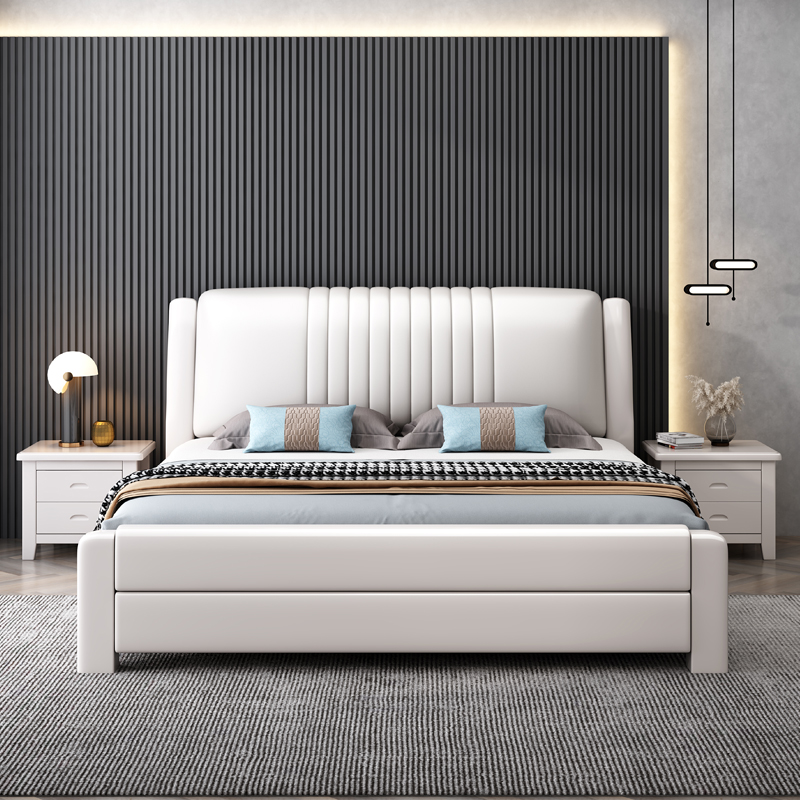 简约家具软包实木床床1.8x2米主卧大床灰白色高箱婚床气压