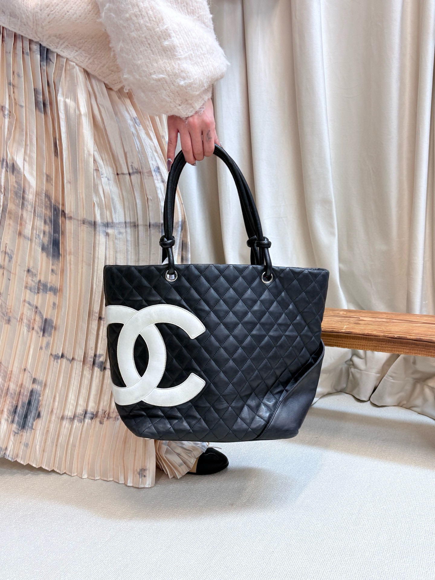 95新 Chanel/香奈儿 chanel 熊猫色康鹏托特大号手提包 