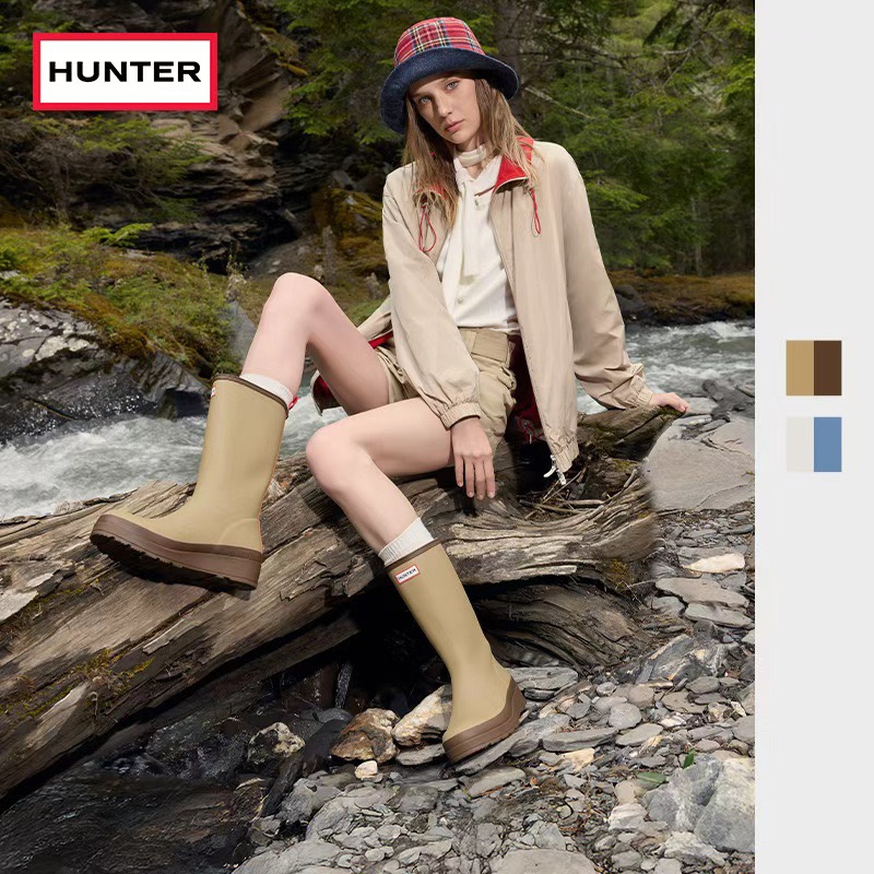 HUNTER酷玩女靴防水防滑中筒靴户外露营溯溪雨鞋哑光厚底增高女鞋