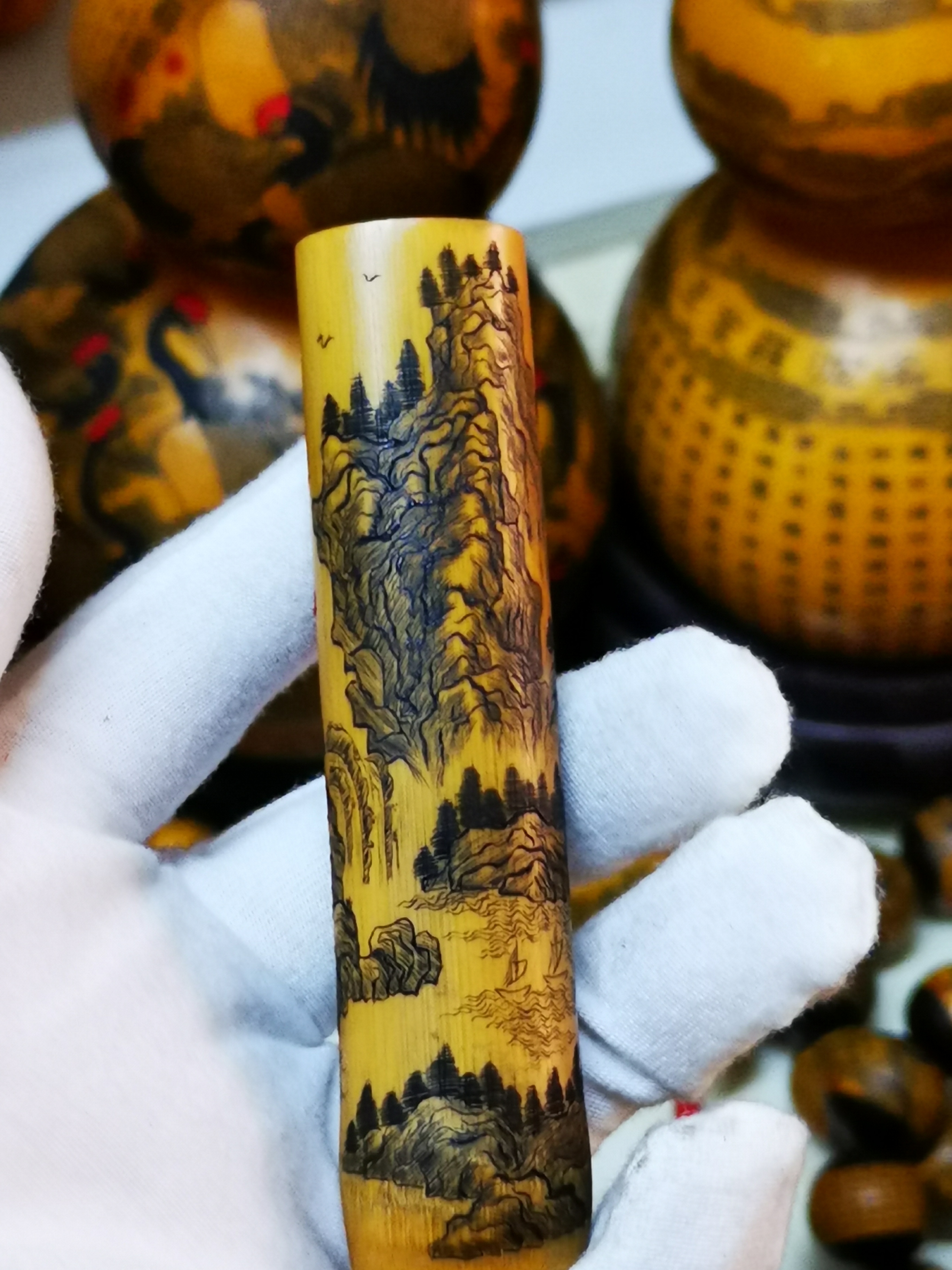 雅青阁葫芦手工针刺微雕墨刻玉竹实心竹葫芦文玩把玩小手把把件