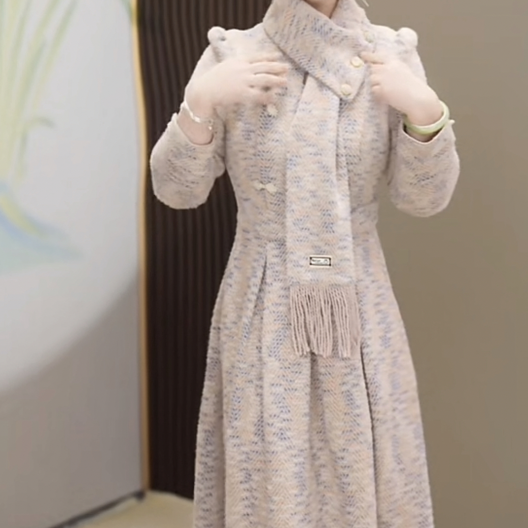 A0994新款秋冬时尚围巾领加厚收腰显瘦气质中长款连衣裙